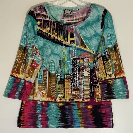 Discover Take Two Top Womens Small Multi Cityscape Brooklyn New York Sequined Boho Artsy
