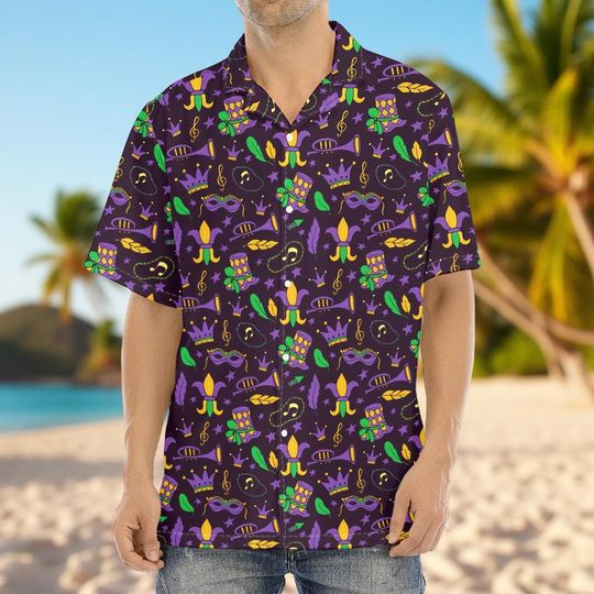Louisiana Mardi Gras Button Shirt, Fat Tuesday Mardi Gras Hawaiian Shirt, Purple Green Gold Casual Shirt for Men