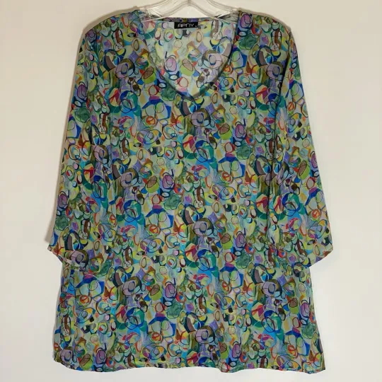 Discover APNY Top Womens Large Multicolor Geometric Sheer 3/4 Sleeve V Neck Artsy Boho L