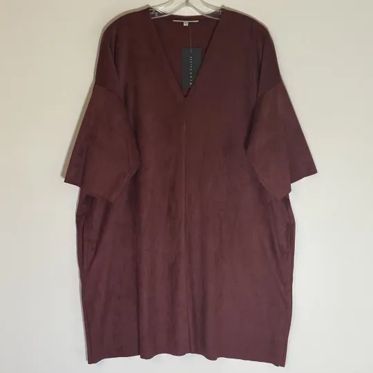 Discover Bryn Walker Dress Womens Large Burgundy Suede Kaftan V Neck Bubble Hem Pockets L