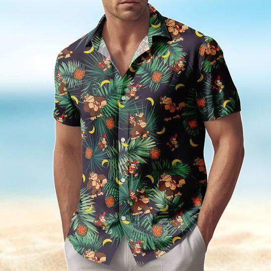 Donkey Kong Hawaiian Shirt Men, Super Mario Button Shirt, Funny Monkey Vacation Shirt, Beach Shorts Men, Mario Bros Fans Gift For Gamer