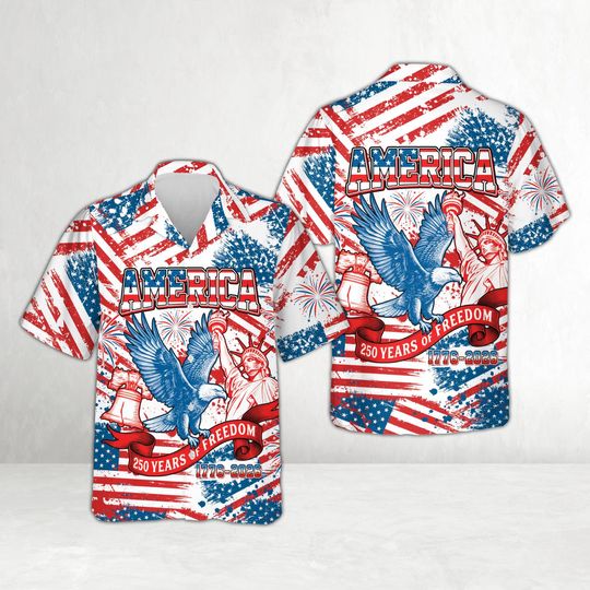 America 250 Years Freedom Button Shirt, Eagle 1776 2026, Statue Of Liberty, US Flag, Liberty Bell, 250th Anniversary Hawaiian Shirt
