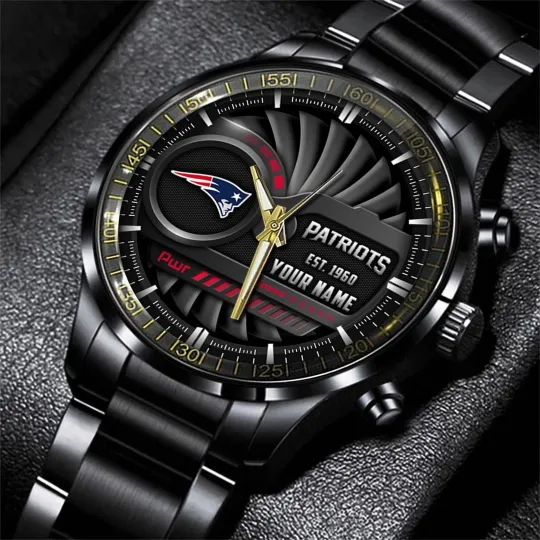 Discover Personalized New England Football Patriotss Team Men Black Stainless Steel Watch