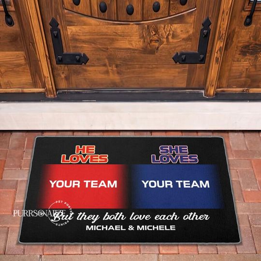 Discover Personalized Football Doormat, Custom Your Team "He Loves, She Loves" Football Doormat, Custom Favorite Team Floormat, Football Lovers' Gift