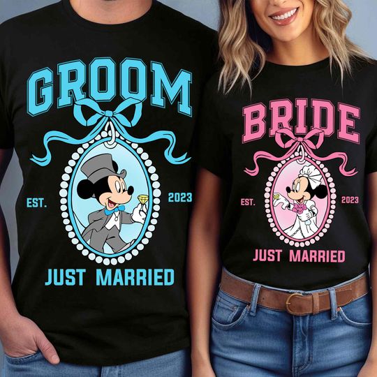 Discover Disney Bride and Groom Just Married Shirt, Mickey Minnie Wedding Tee, Coquette Bow Couple Honeymoon Outfit, Disneyland Anniversary Gift 2025
