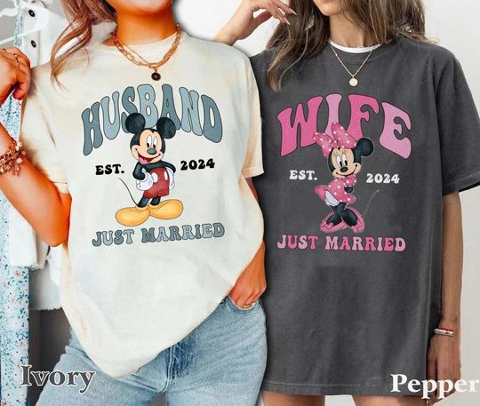 Discover Retro Disney Just Married Shirt, Disney Couple Shirt, Mickey Husband Shirt, Minnie Wife Shirt, Mickey Minnie Shirt, Disney Honeymoon Shirt