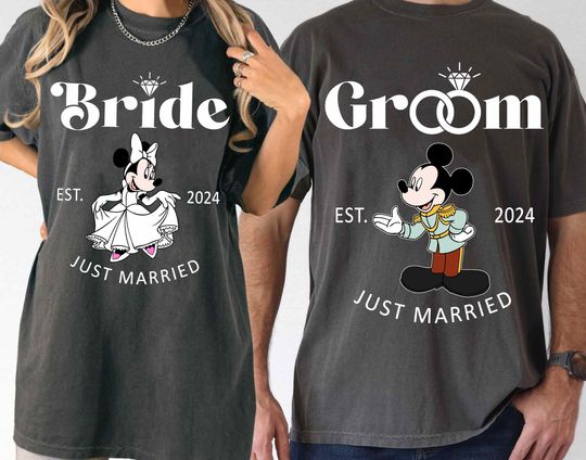 Discover Mickey Minnie Bride and Groom Just Married Comfort Colors Shirt, Disney Newlywed Couple Matching Tee, Wedding Party, Disneyland Couple Trip