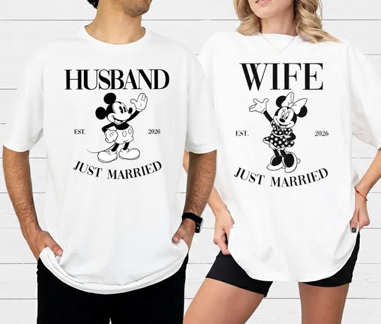 Discover Mickey Minnie Just Married Shirts 2026, Custom Husband Wife Est 2026 Couple Tees, Disney Honeymoon Outfits, Matching Newlyweds Wedding Gift