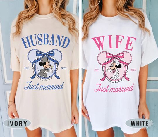 Discover Disney Just Married Shirt, Mickey Minnie Wifey Husband Shirts, Mickey And Minnie Matching Tee, Disneyland Couple Shirts, Coquette Bow Disney