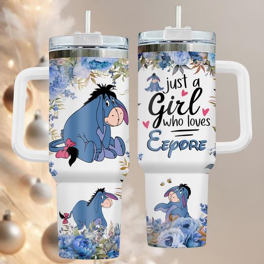 Discover Eeyore 40oz Tumbler, Engraved Stainless Tumbler With Handle, Cute Coffee Cup Gift For Her, Cartoon Drinkware For Holidays, Festive Gift