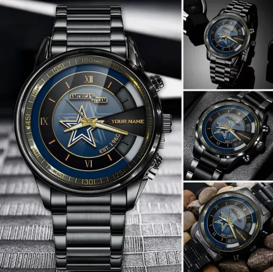 Discover Personalized Dallas Football Cowboyss Team Men Black Stainless Steel Watch Gift