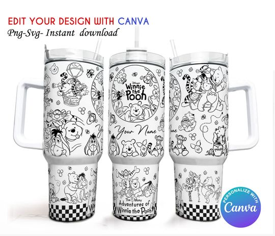 Discover Personalized Cartoon 40oz Tumbler Wrap, Custom name Tumbler, 40oz Quencher Tumbler, Pooh Tumbler Wrap, Canva Editable Template, PNG download