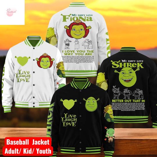 Shrek Fiona Baseball Jacket, Funny Couple Varsity Jacket, Green Ogre Love Jacket, Adult Youth Kid Baseball Jacket