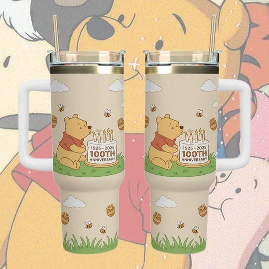 Discover Winnie The Pooh 100th Anniversary 40oz Tumbler, Pooh Travel Mug, Bear Tumbler, Cute Balloon Design Cup, Birthday Anniversary Gift