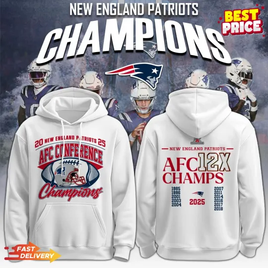 New England Patriots 12x AFC Champions Hoodie -White- Fan Gift Sweatshirt