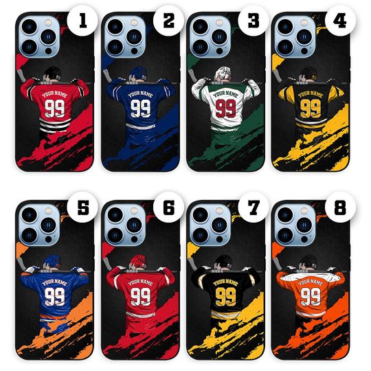 Discover Personalized Hockey Jersey Name and Number Phone Case iPhone 16 15 14 13 12 11/ Samsung S24 S23 S22 S21 | Google Pixel 5 6 7 8 Pro