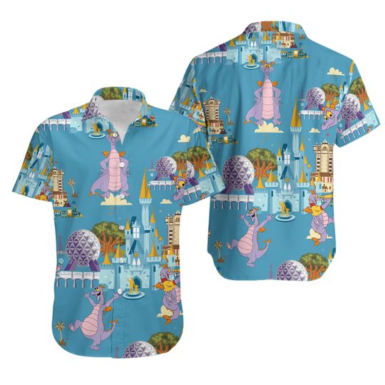 Disney Epcot Figment Dragon Mens Collared Button Down Shirt