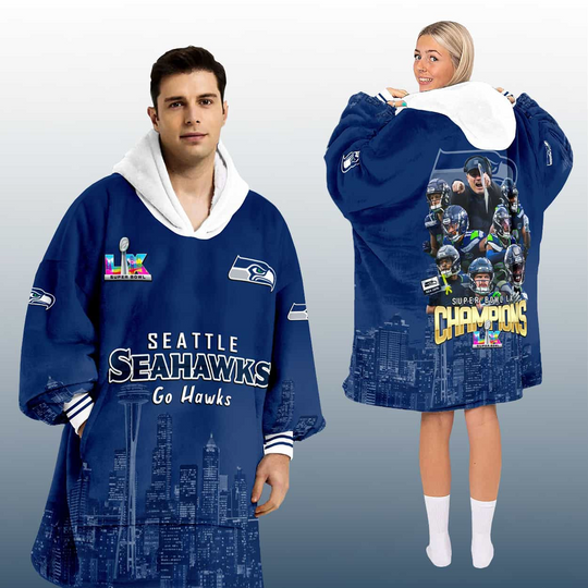 Discover 2026 Seahawks SB LX Champions Skyline Blanket Hoodie