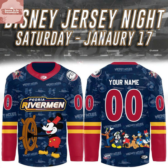 Discover Personalized Peoria Rivermen x Mickey Mouse Disney Night Hockey Jersey