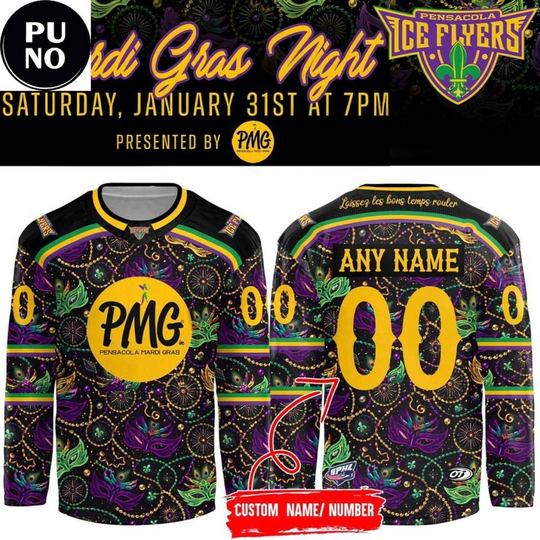 Discover Pensacola Ice Flyers x Mardi Gras Night 2026 Personalized Hockey Jersey