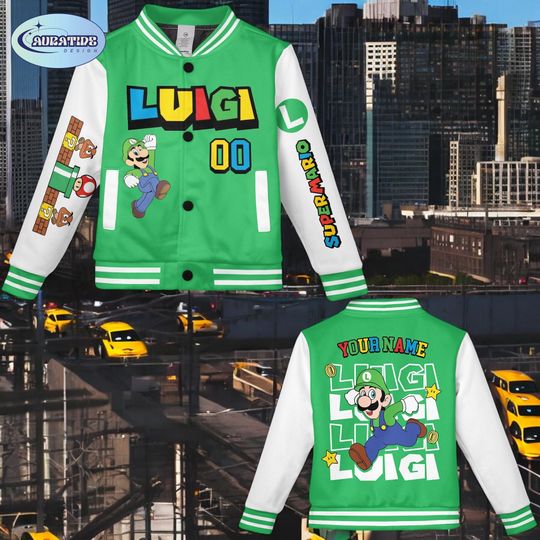 Personalized Luigi Varsity Jacket, Retro Gaming Streetwear, Custom Name College Jacket, Green Gamer Gift