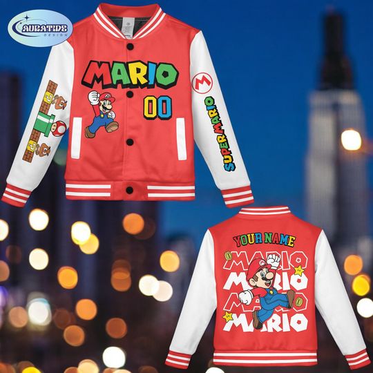 Discover Custom Mario Varsity Jacket, Personalized Name Number Baseball Jacket, Gamer Cartoon Jacket for Kids Adults