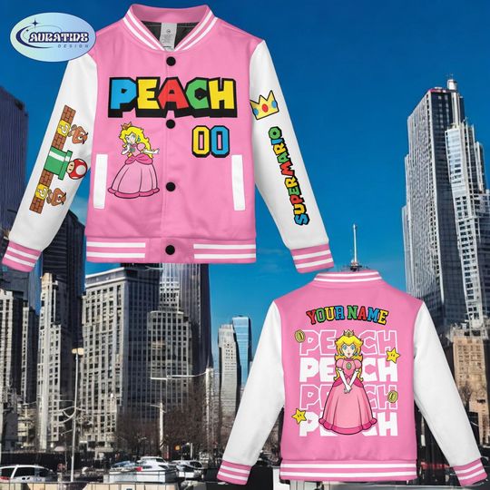 Custom Peach Varsity Jacket, Personalized Name Number Baseball Jacket, Princess Gamer Cartoon Jacket for Kids Adults