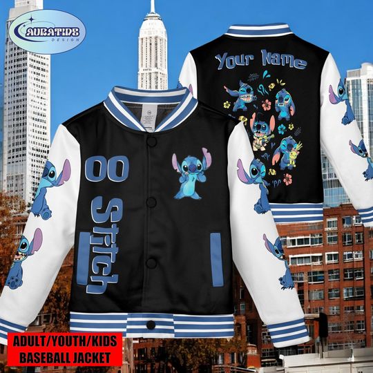 Discover Custom Stitch Black Varsity Jacket Adult Unisex Personalized Cartoon Baseball Jacket Team Outfit College Style