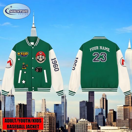 Personalized Yoshi Mario Varsity Baseball Jacket Family Matching Outfit Luigi Peach Style Christmas Birthday Gift