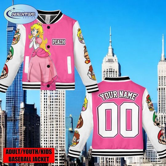 Personalized Super Mario Varsity Baseball Jacket Mario Luigi Peach Style Kids Birthday Gift Video Game Jacket