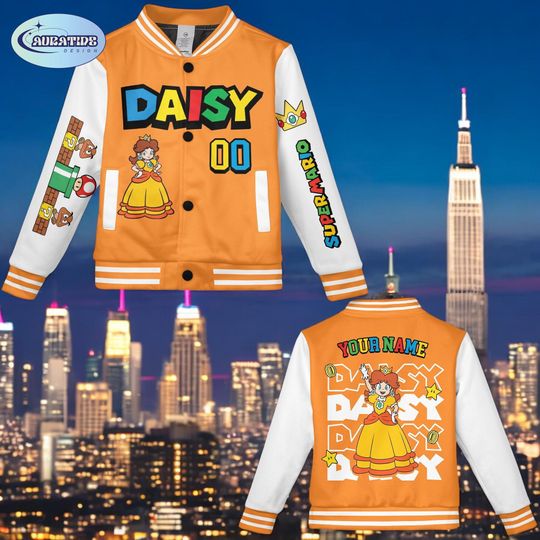 Personalized Princess Daisy Varsity Jacket, Retro Gaming Streetwear, Custom Name College Jacket, Gamer Gift