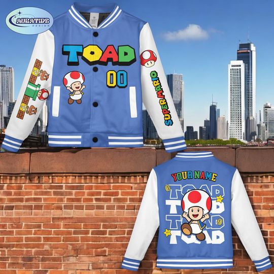 Discover Custom Toad Varsity Jacket, Personalized Name Number Baseball Jacket, Cute Mushroom Gamer Cartoon Jacket for Kids Adults