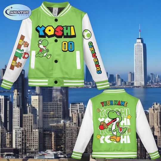 Custom Yoshi Varsity Jacket, Personalized Name Number Baseball Jacket, Cute Dino Gamer Cartoon Jacket for Kids Adults