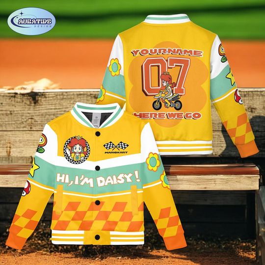 Custom Princess Daisy Baseball Jacket, Mario Kart Varsity Jacket for Kids, Super Mario Birthday Gift