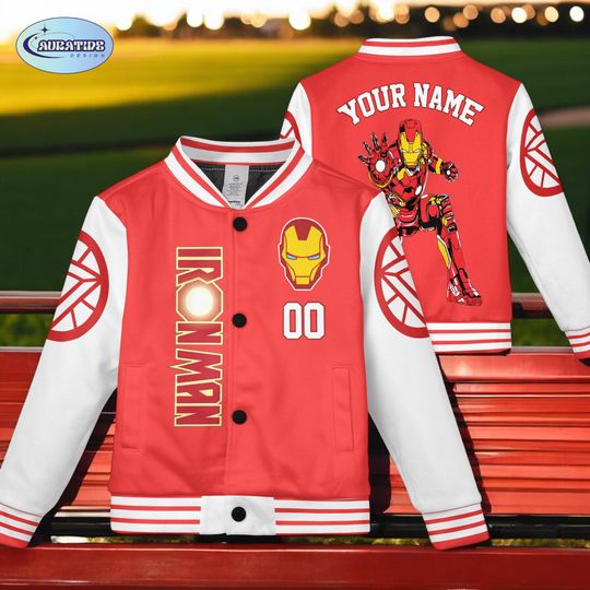 Personalized Iron Man Varsity Jacket, Custom Marvel Superhero Baseball Jacket for Kids & Adults, Gift for Fans, Birthday Outfit