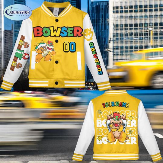 Custom Bowser Varsity Jacket, Personalized Name Number, Gamer Cartoon Baseball Jacket, Kids Adults Gift