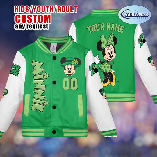 Discover Personalized Minnie Mouse St Patricks Day Jacket, Custom Name Green Lucky Varsity Bomber,Disney Minnie Clover Kids Youth Adult Baseball Coat