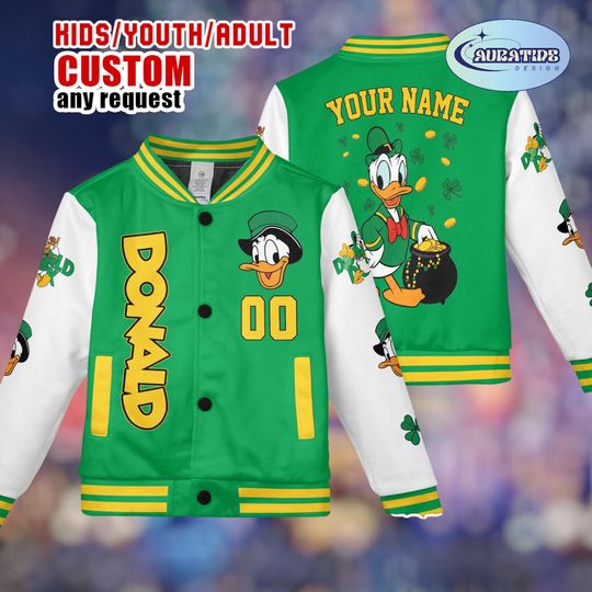 Discover Personalized Donald Duck St Patricks Day Jacket, Custom Name Green Lucky Varsity Bomber, Disney Duck Clover Kids Youth Adult Baseball Coat