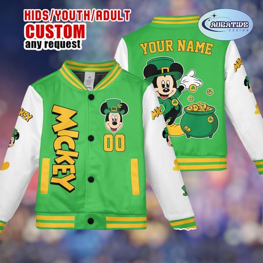 Discover Personalized Mickey Mouse St Patricks Day Jacket, Custom Name Green Lucky Varsity Bomber, Disney MickeyClover Kids Youth Adult Baseball Coat