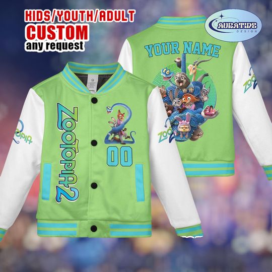 Discover Personalized Zootopia 2 Varsity Jacket, Custom Name Nick Judy Fox Bunny Bomber, Green Neon Movie Fan Kids Youth Adult Coat, Disney Gift