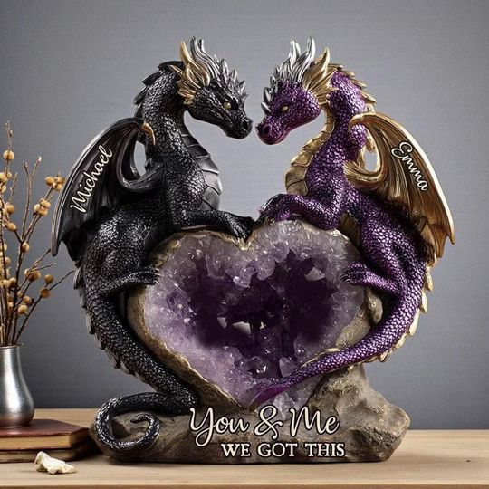 Discover Personalized 2D Flat Printed Faux Amethyst Dragon Couple Acrylic Block, Custom Amethyst Heart Dragon Gift, You & Me Figurine Gift for Couple