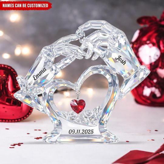 Discover Our Love Story Carved In Crystal -Custom Crystal Heart Acrylic Block,  Proposal Hands Holding Crystal,Valentine&Anniversary Gift,Couple Gift