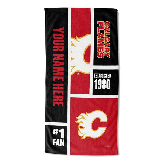 Discover Calgary Flames Personalized Beach Towel  NHL Colorblock  Custom Name, Soft Fan Gift