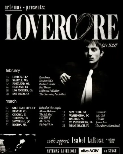 Discover Artemas LOVERCORE Tour 2026 Concert Poster