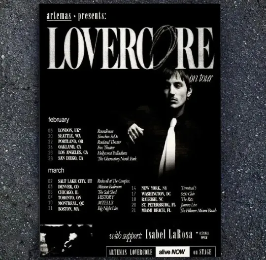 Discover Artemas LOVERCORE Tour 2026 Concert Poster