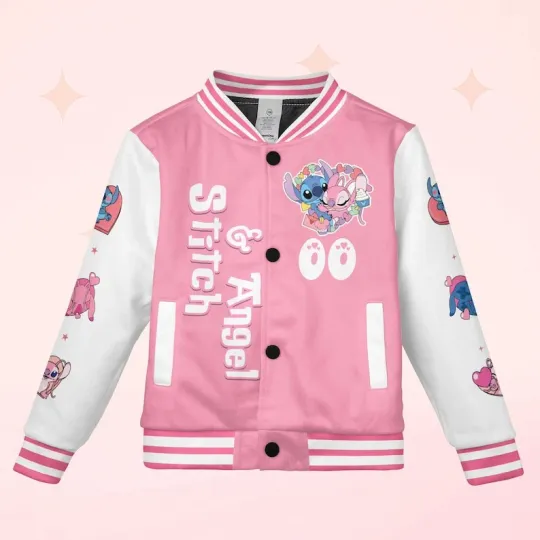 Personalized Stitch & Angel Couple Valentine Birthday Gift Baseball Jacket