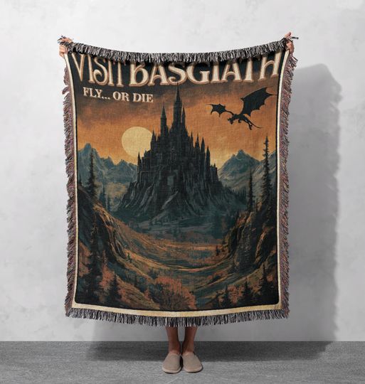 Discover 100% Cotton Basgiath Castle Woven Blanket, Fantasy Dragon Tapestry, Epic Mountain Throw, Cozy Adventure Decor, Gift for Thrill-Seekers