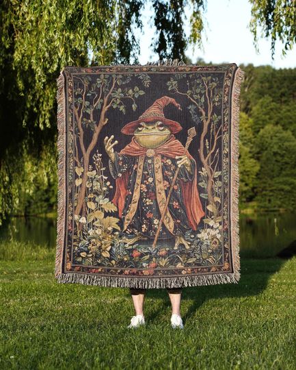 Discover Wizard Frog Woven Blanket, Frog Lover Medieval Woven Throw, Magical Fantasy Home Decor Tapestry