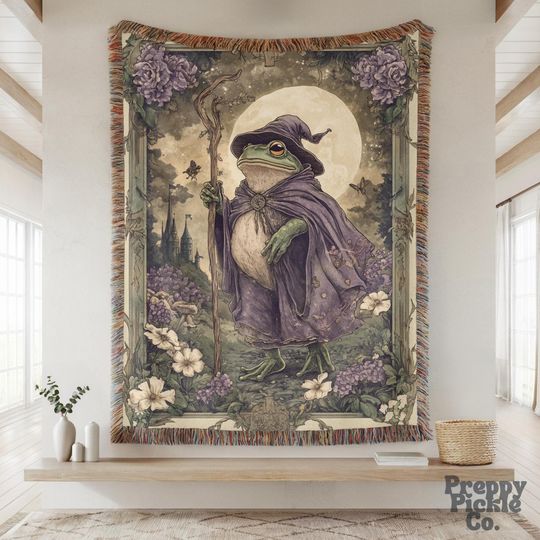 Discover Wizard Frog Medieval Woven Throw, Magical Fantasy Home Decor Tapestry, Fairytale Inspired Decor, Cottagecore Fairycore Goblincore Tapestry