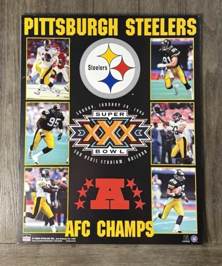 Discover Steeler AFC Champs Super Bowl XXX Framed Poster 1996, Steeler Sign & Necklace
